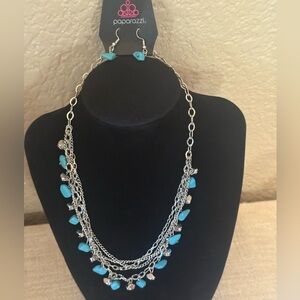 NWT Paparazzi Canyon Escape Silver & Blue Layered Necklace & Earrings